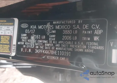 2017 Kia Forte Lx z USA, uszkodzony, nr VIN 3KPFK4A78HE110191